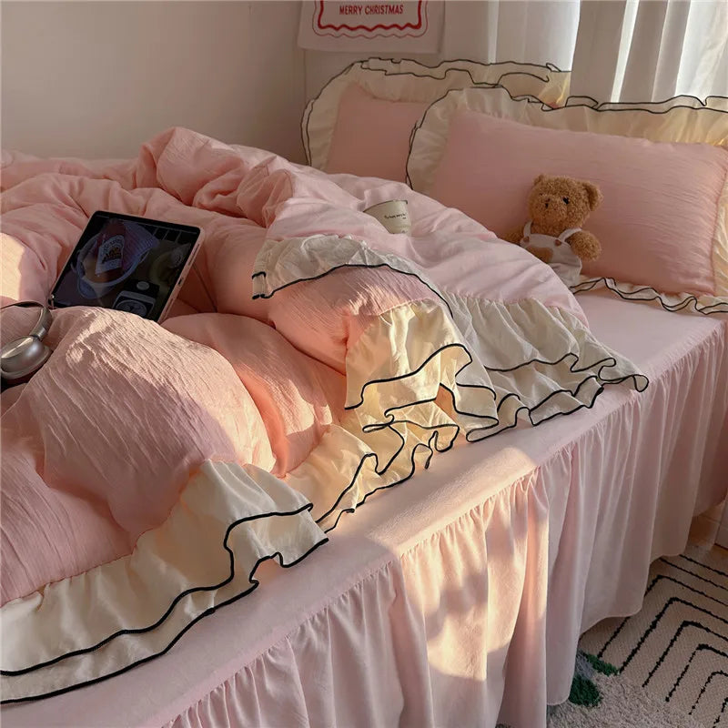 Princess Style Ruffles Bedding Set Skin-friendly Soft Duvet Cover Set Bed Sheet Or Bed Skirt Pillowcases 3/4Pcs