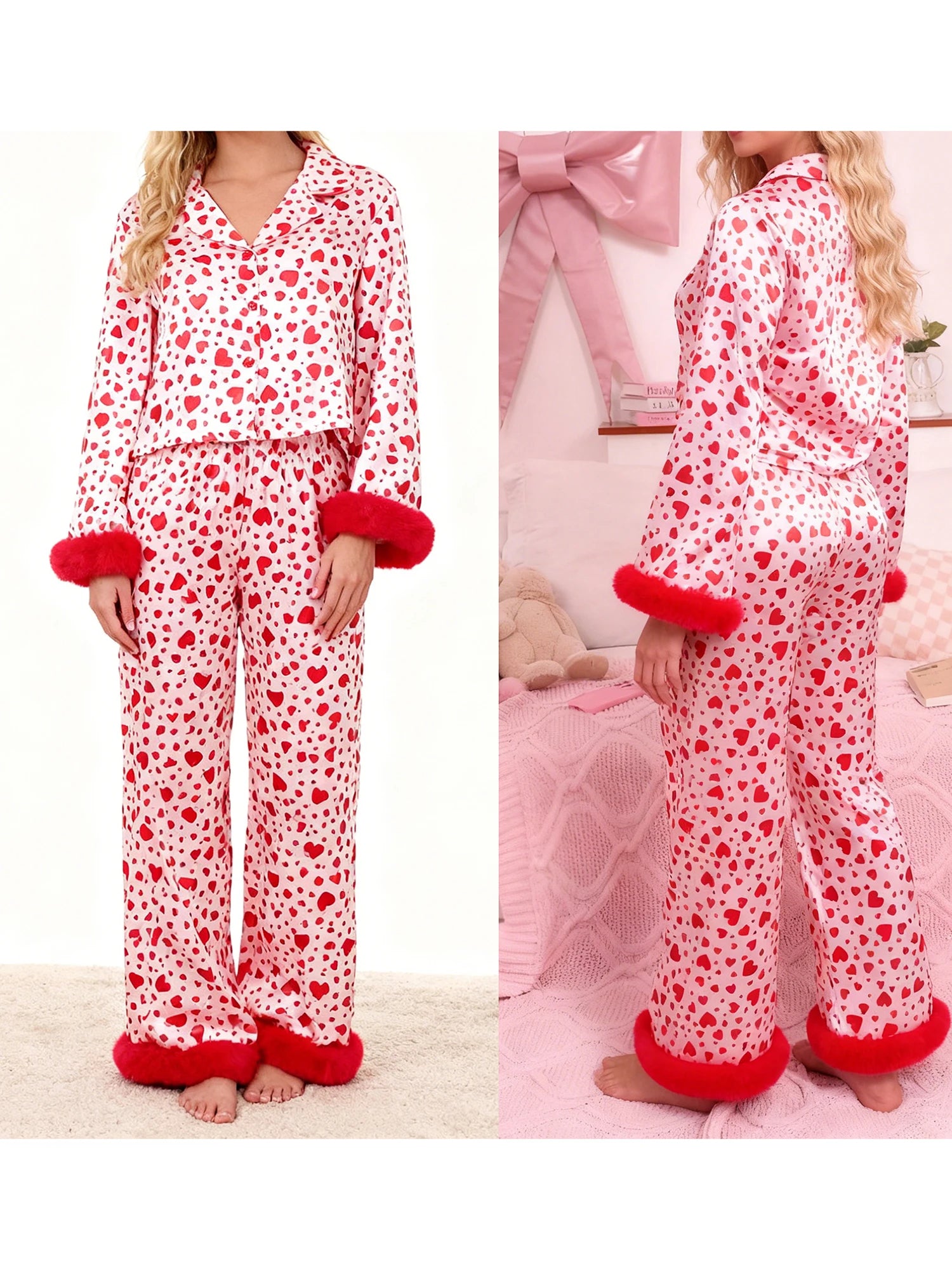 Heart Print Long Sleeve Button Up Top and Pants Lounge Wear Two-piece Set