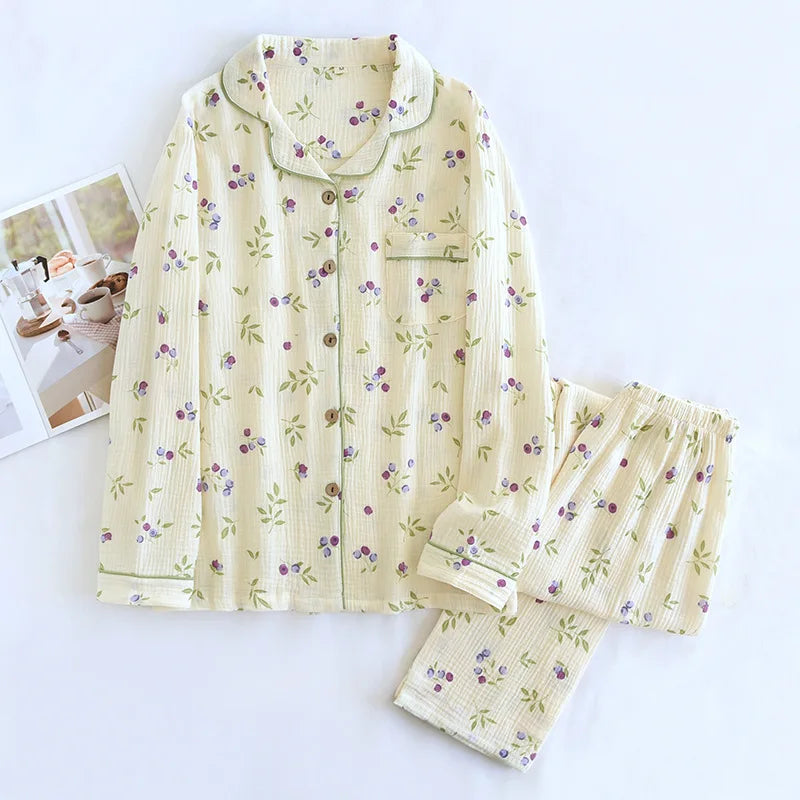 Ladies 100% Cotton Crepe Long sleeved Pants Two-piece Cute and Sweet Set