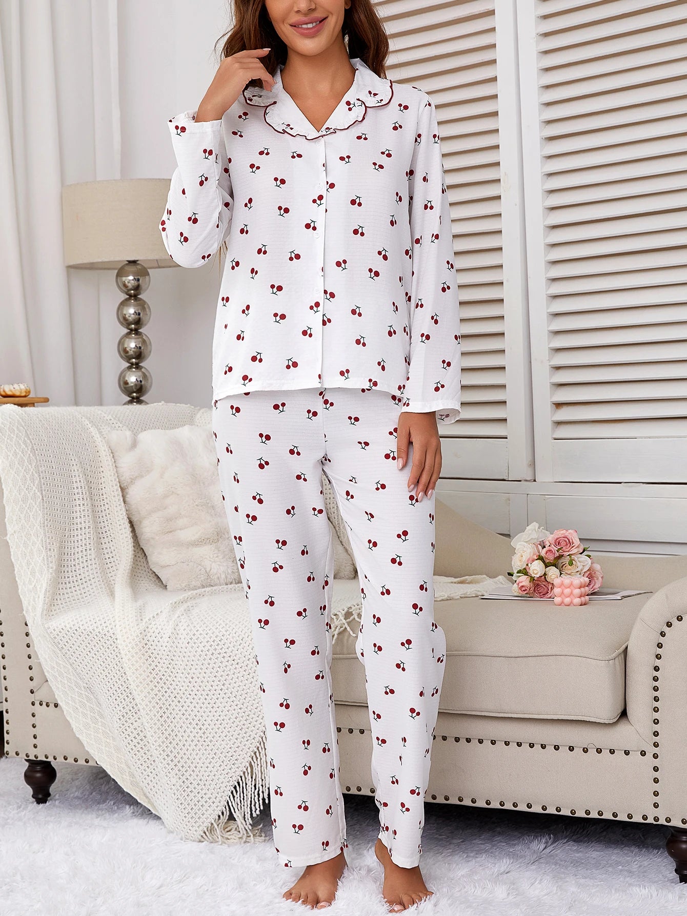Sweet Cherry Print and Ruffled Details Long Sleeve & Pants Two-Piece