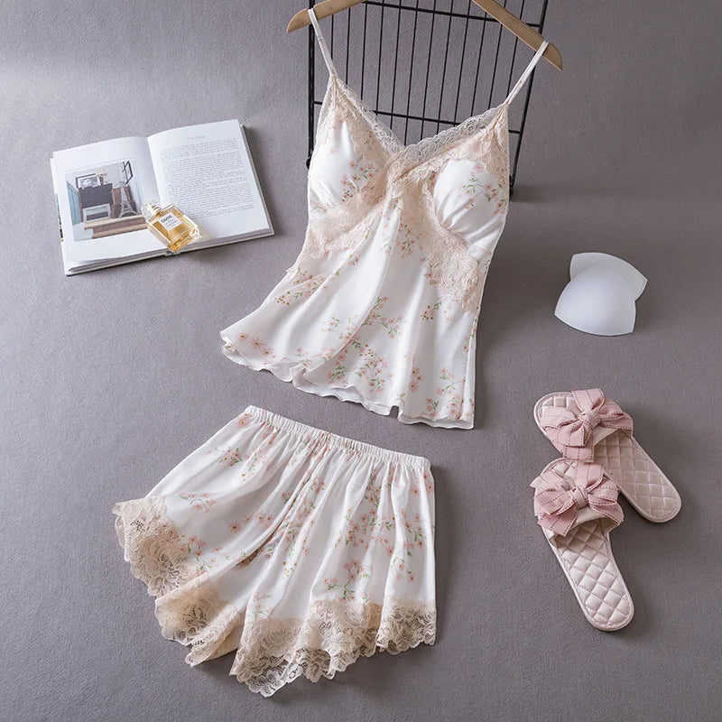Silk Lace Sexy V-Neck 2 Pcs Set With Chest Pad Nightwear