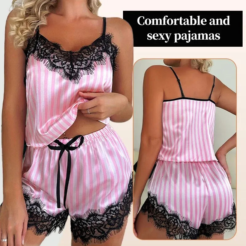 Pink Stripe Two Piece V-Neck Sexy Lace Pajama Shorts Set