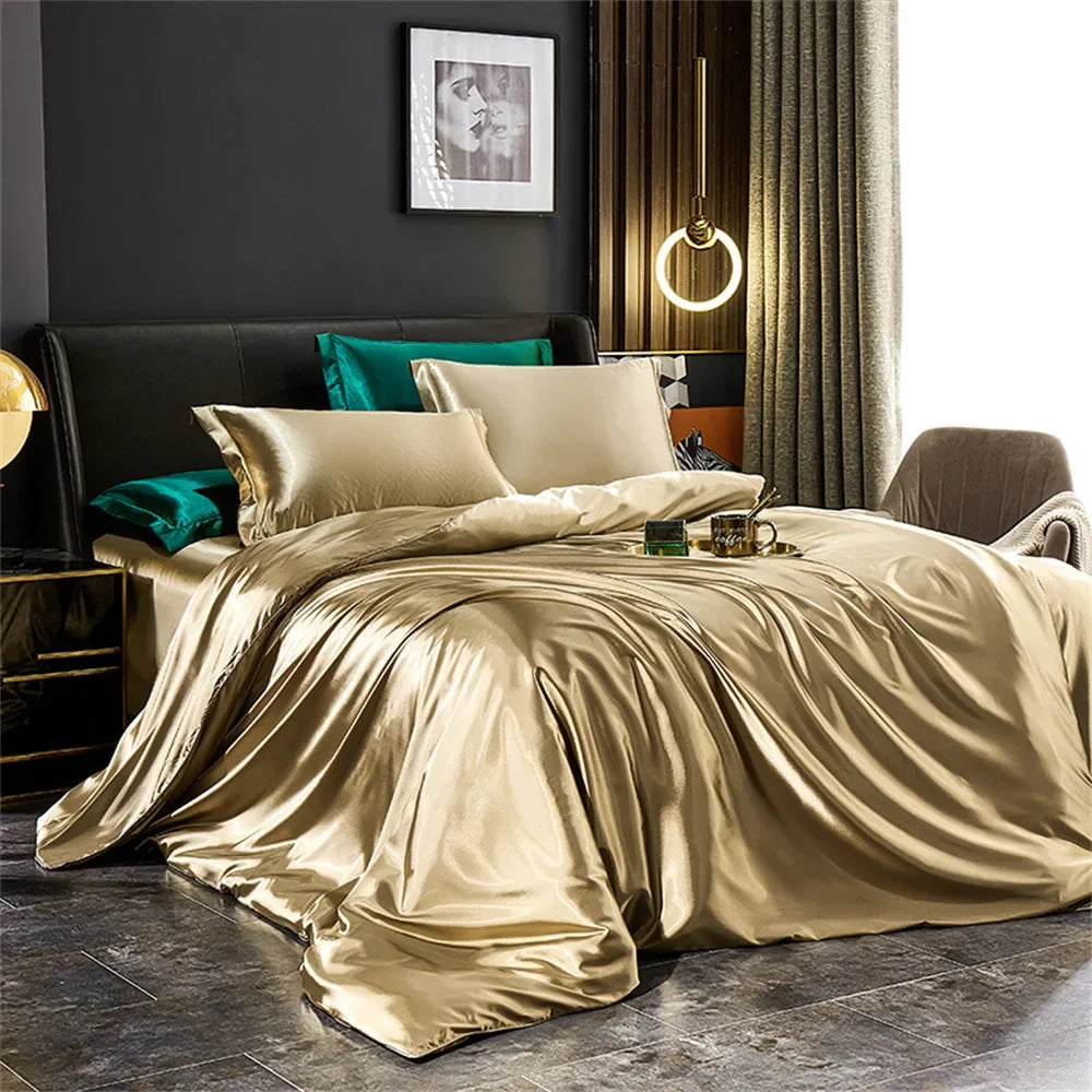 Luxury Silk Bedding Set with Duvet Cover Bed Sheet Pillowcases Satin