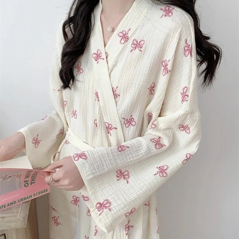 Korean-Style Pink Bow Casual Loose-Fit Loungewear Gown