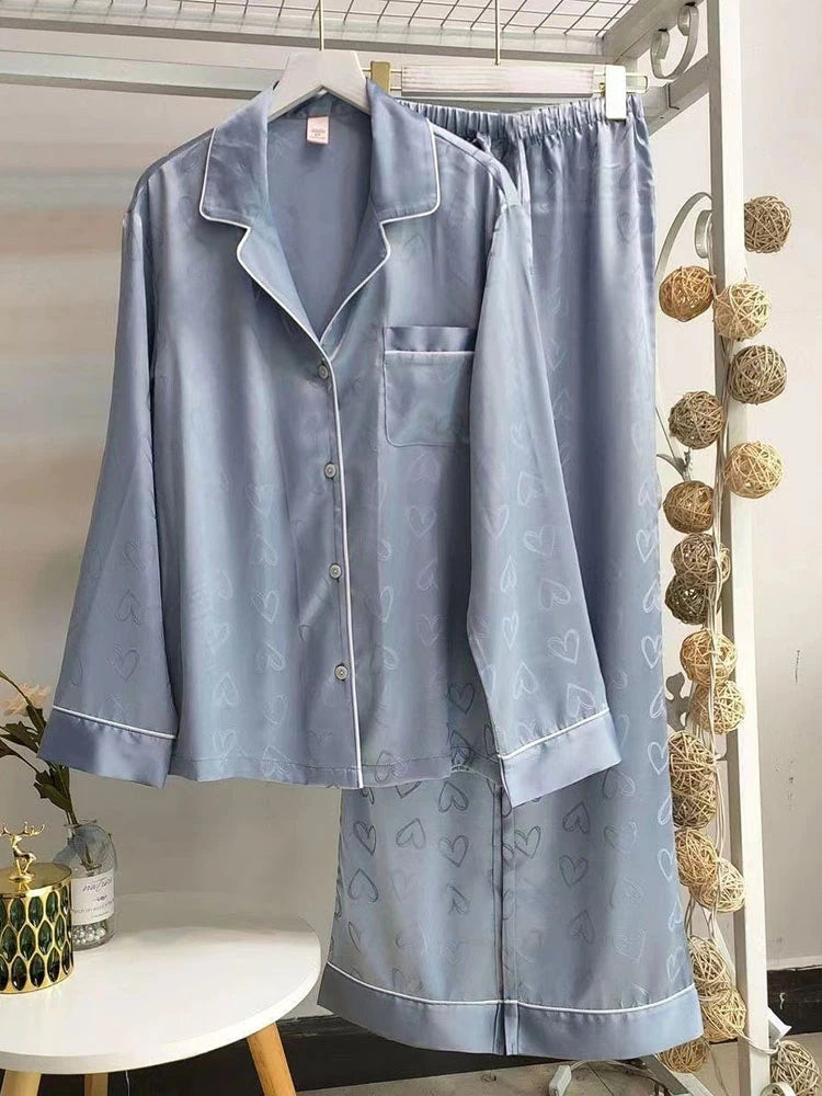 Sweet Ice Silk Pajamas Women's Long Sleeve Lace Two Piece Sleepwear Loungewear
