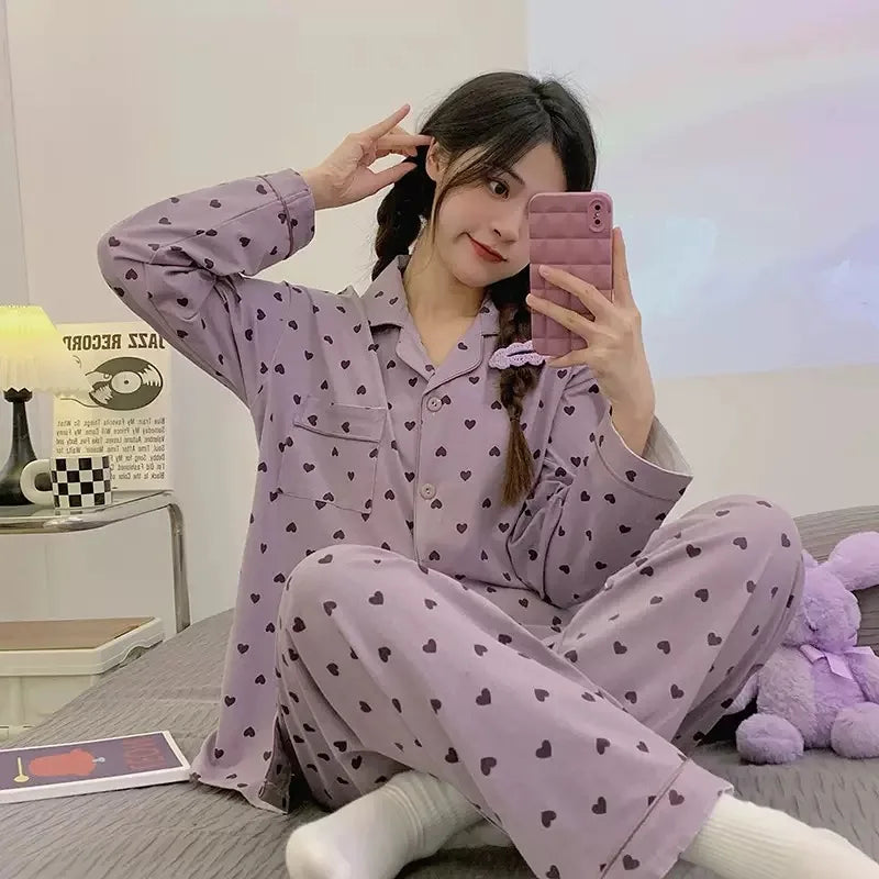 Cozy Heart Print Long Sleeve Pajama Set