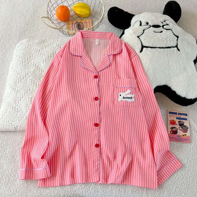 Embroidery Letter Striped Rabbit Print Long Sleepwear Two-piece Women's Pajamas