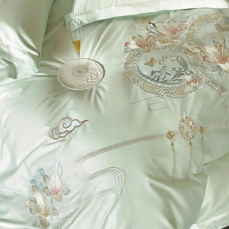 Flowers Bird Embroidery Luxury Bedding Set 1000TC Egyptian Cotton Duvet Cover Bed Sheet Pillowcases 4/5Pcs