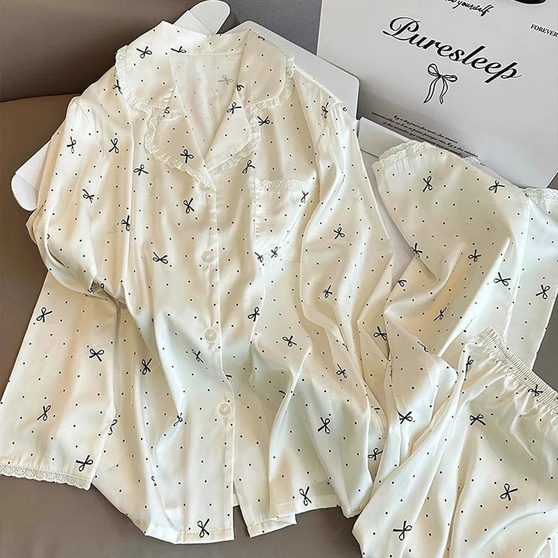 French-Inspired Chic High-Fashion Bow-Adorned Ice-Silk Lace-Trimmed Long-Sleeved Trouser Pajamas