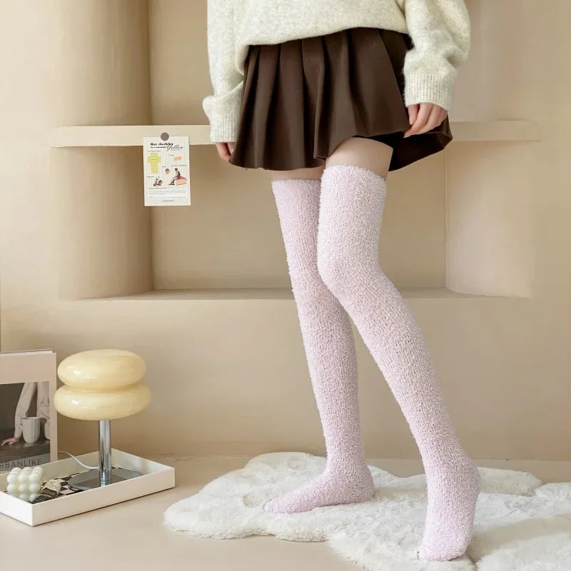 Fuzzy Fleece Over Knee Socks Plush Cozy Lined Terry Socks