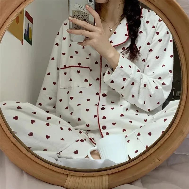 Peach Heart Long Sleeves Silk Pajamas