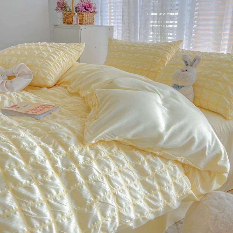 Puffy Check Bubble Fabric Set Duvet Pillowcase Bedding Sheet Quilt Cover Set