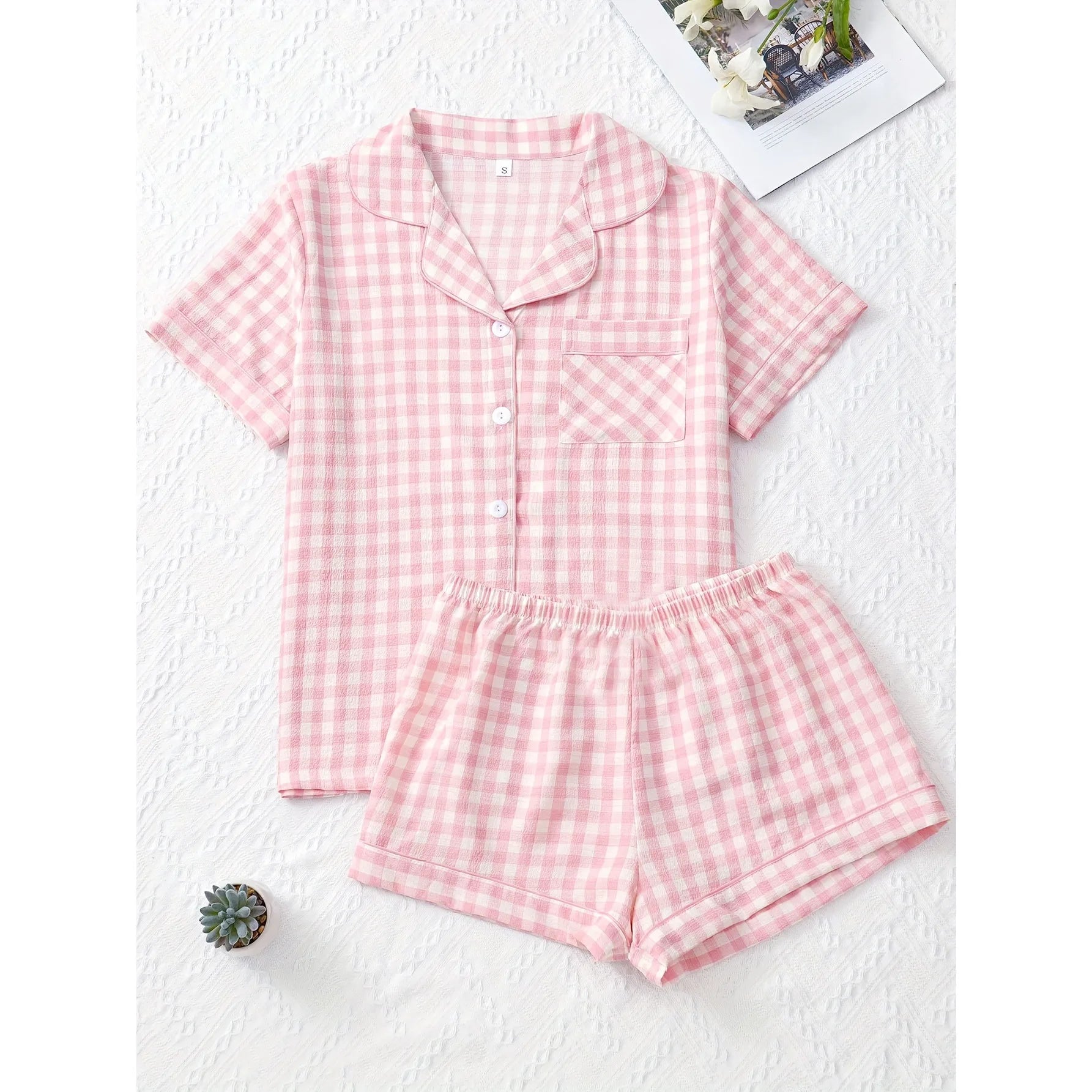 Ladies Plaid Print Casual Pajama Set Short Sleeve Collar Top and Shorts