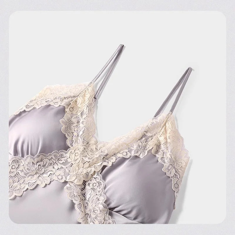 V Neck Spaghetti Strap Two Piece Sexy Satin Lace Trim Cami Top Shorts Lingerie