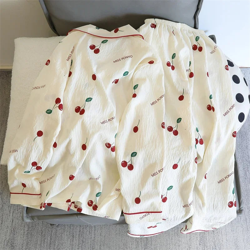 Cherries Print Two Pieces Cotton Pants and Top Set