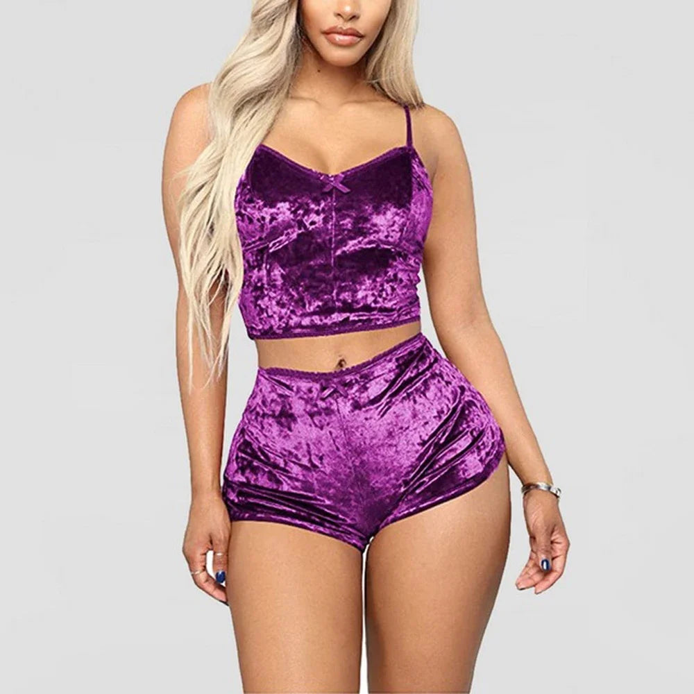 Velvet Polyester Comfortable V Neck Underwear Crop Top + Shorts Pajama Set