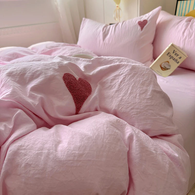 Heart Pattern Solid Color Bedding Set Soft Bed Flat Sheet Duvet Cover Set Pillowcases Simple Bed Linen