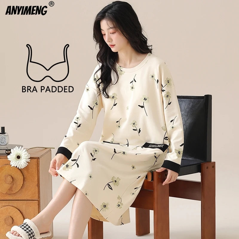 Women Long Nightgowns Pullover Loose Bra Padded Cotton Sleepshirt