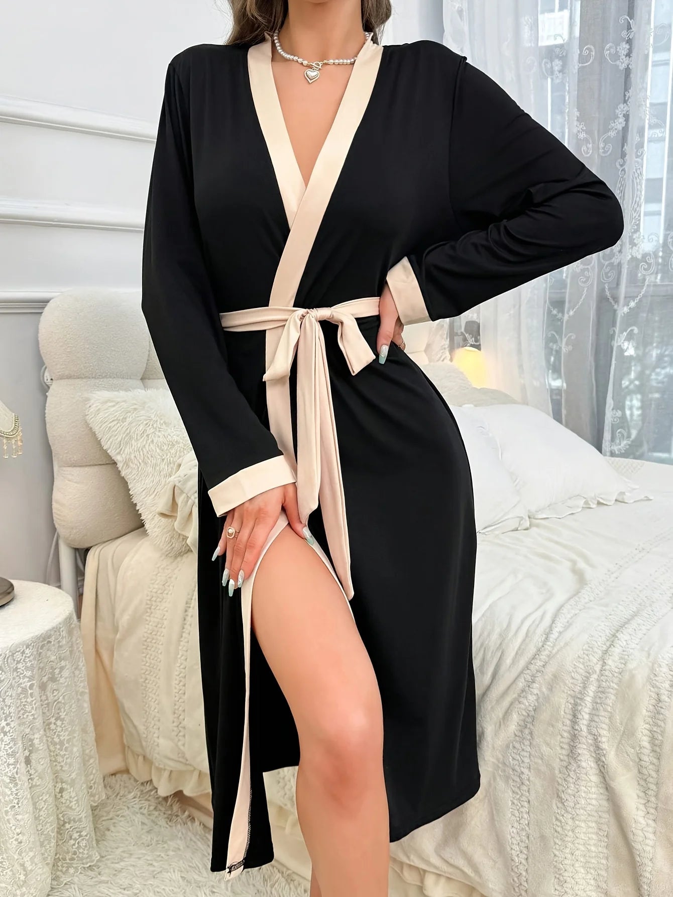 Long-sleeve Casual Simple Color Home Gown