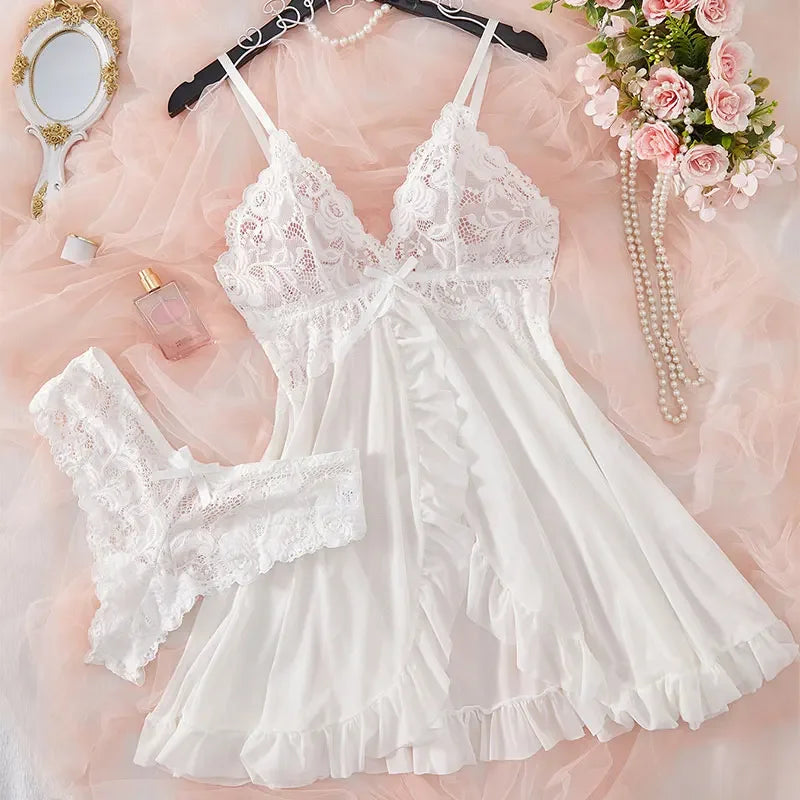 Sexy Lace Lingerie with Matching Panties V-Neck Sheer Lace Camisole Nightie