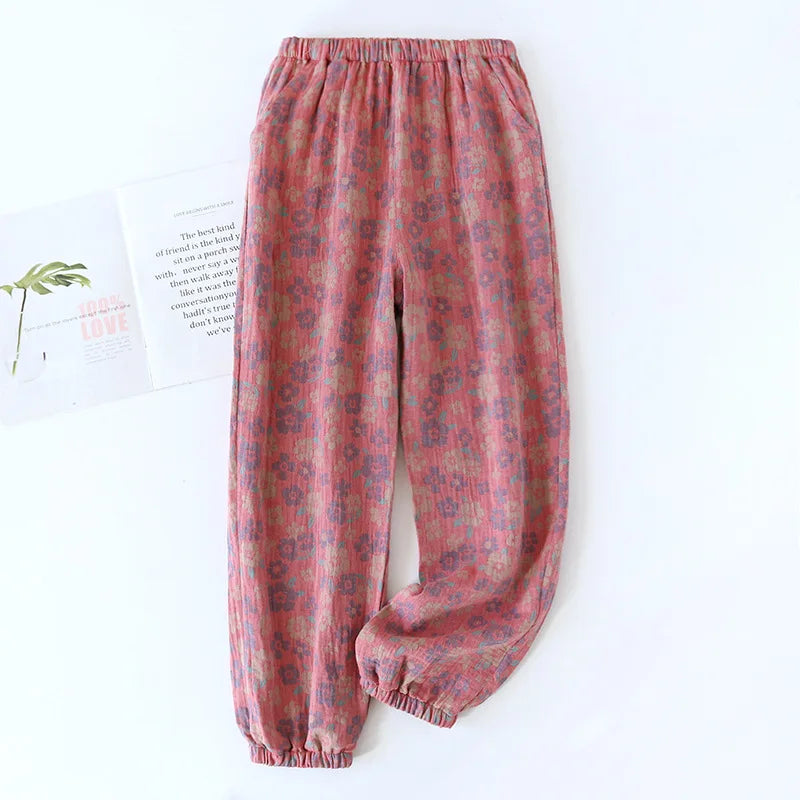 Jacquard Cute and Fresh Flower Pants 100% Cotton Loose Closing Home Pants