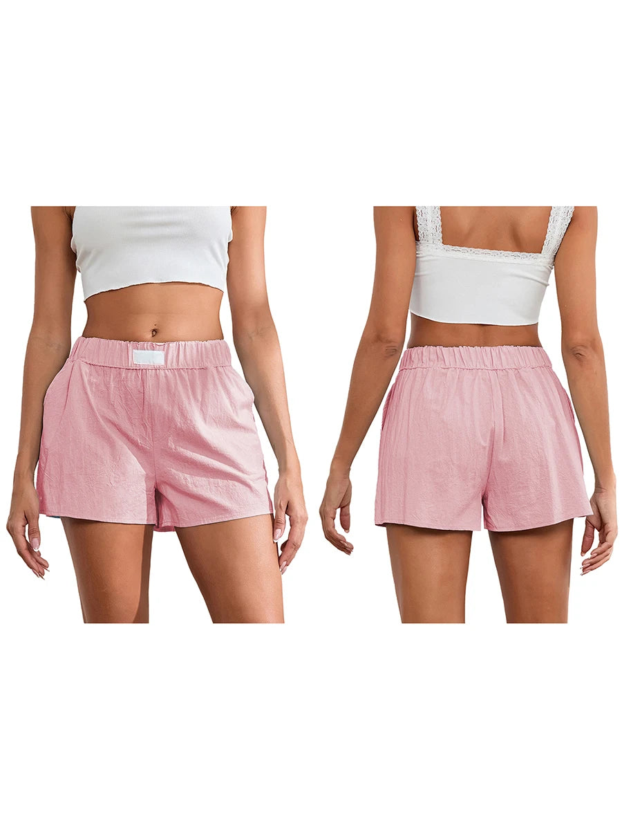 Loungewear Solid Elastic Waist Wide Leg Pajamas Boxers Shorts with Pockets