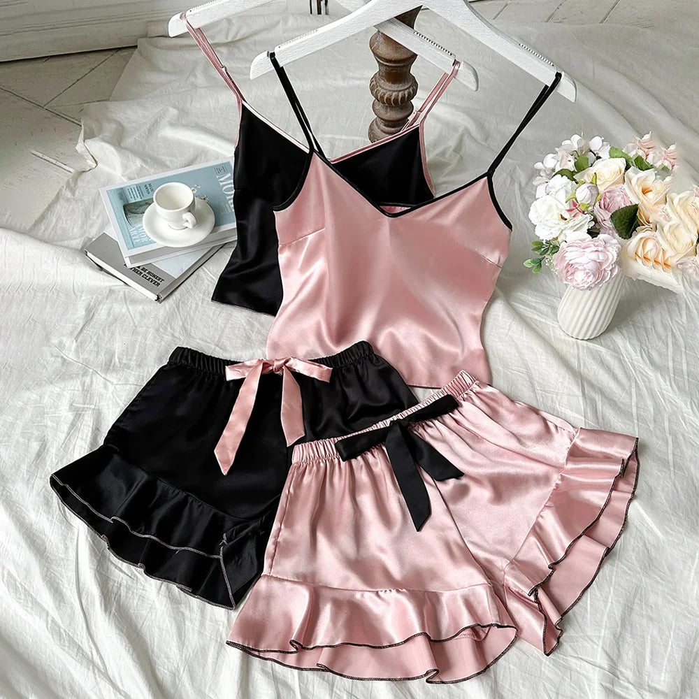 Smooth Satin Pajamas V-Neck T-Shirt Ruffled Edges And Bow Shorts Pajama Set