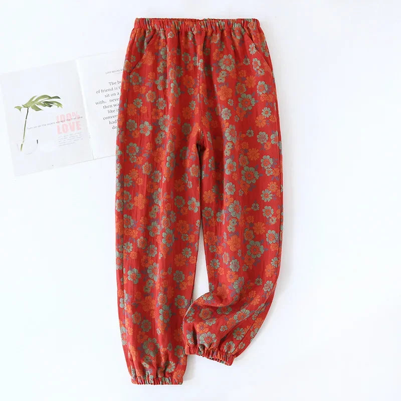 Jacquard Cute and Fresh Flower Pants 100% Cotton Loose Closing Home Pants