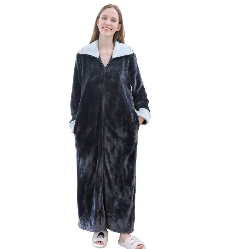 Ultra Long Thick Warm Bathrobe Thermal Flannel with Zipper