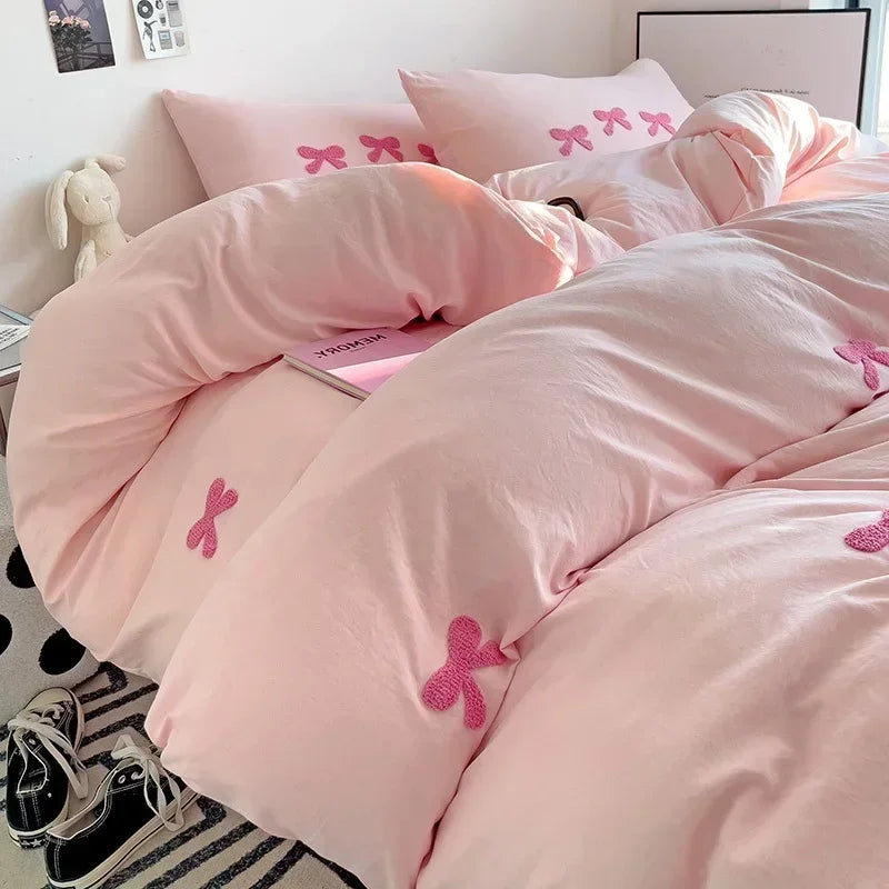 3D Embroidered Bow Quilt Set Cotton Pink Comfortable Soft Bedding