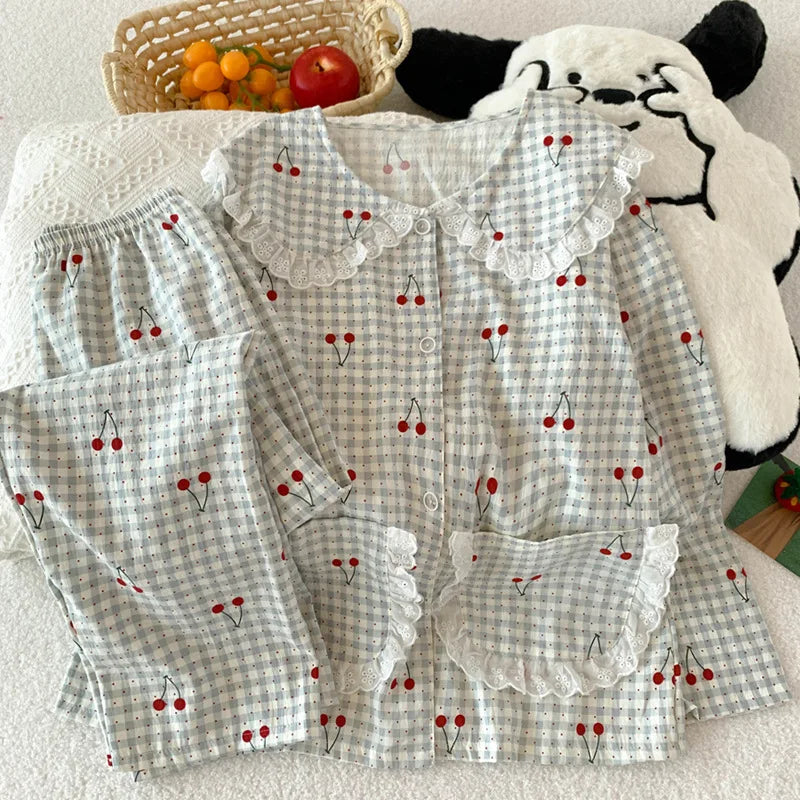 Spring Cloud-Print Cotton-Trimmed Collar Checked Sets