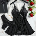 Sexy Contrast Lace and Mesh Ruffle Babydoll V-neck Open Bra Sleep Skirt Nighties
