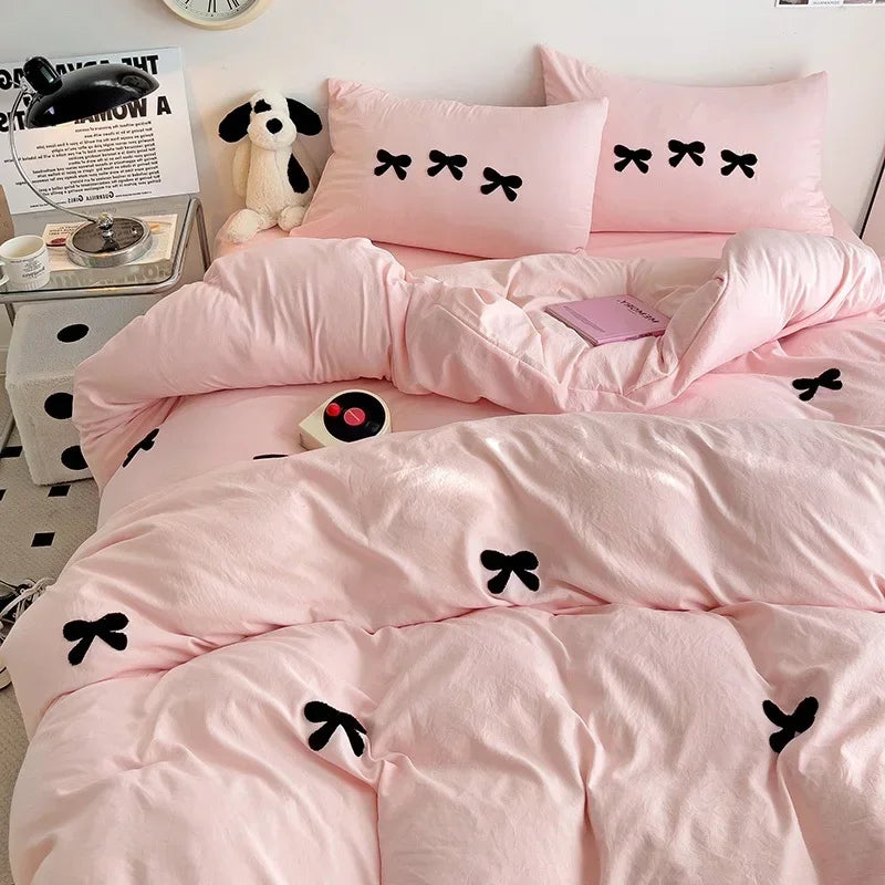3D Embroidered Bow Quilt Set Cotton Pink Comfortable Soft Bedding