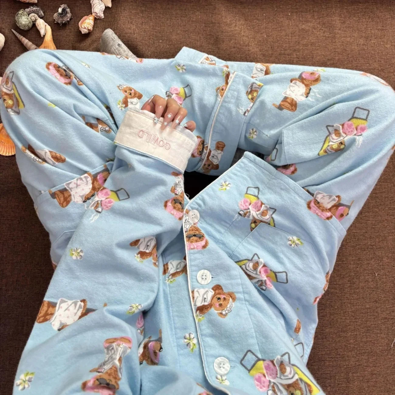 Women's Pajamas Set Cute Cartoon Print Sleepwear Top&pants Two-piece Soft Cotton Femme Nightwear