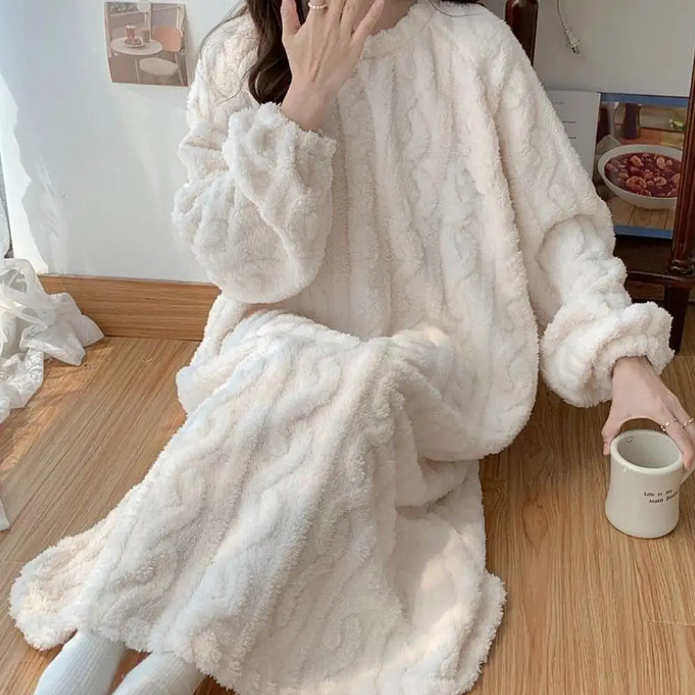 Velvet Women's Long Sleeve Double Pocket Flannel Loose Solid Sleepwear