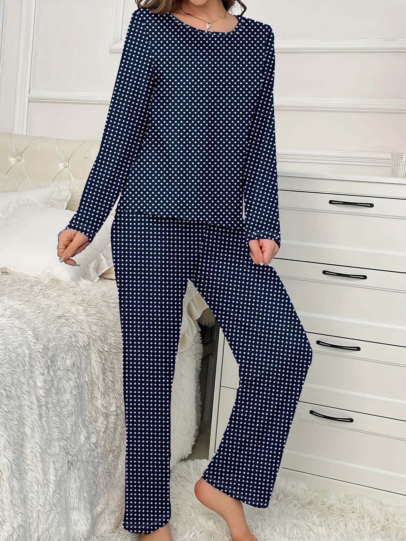 Polka Dot 2-Piece Print Long-Sleeved Women's Pajamas Set