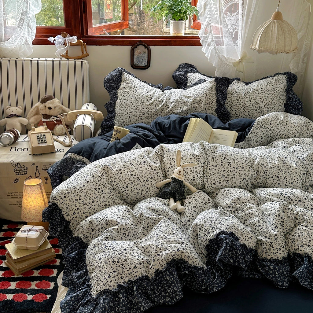 Vintage Flowers Lace Ruffles Duvet Cover Set Pillowcase For Home Bedroom Decor