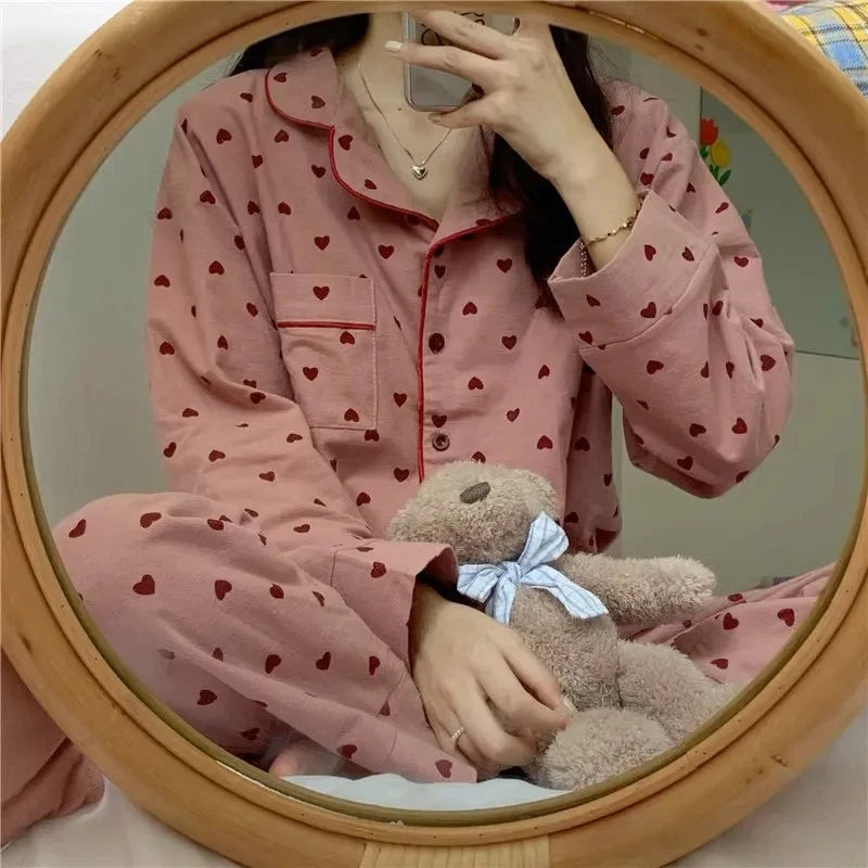 Peach Heart Long Sleeves Silk Pajamas