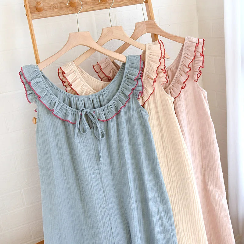 Ruffle Edge Sleeveless Camisole Women's Nightgown Double-layer Gauze Long Style Night Dress