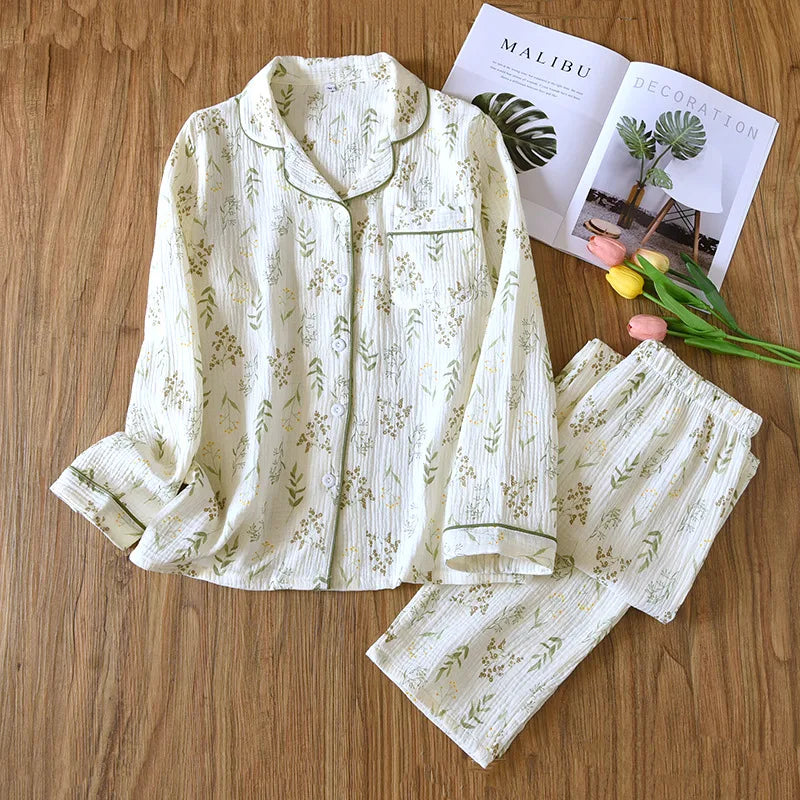 Ladies 100% Cotton Crepe Long sleeved Pants Two-piece Cute and Sweet Set