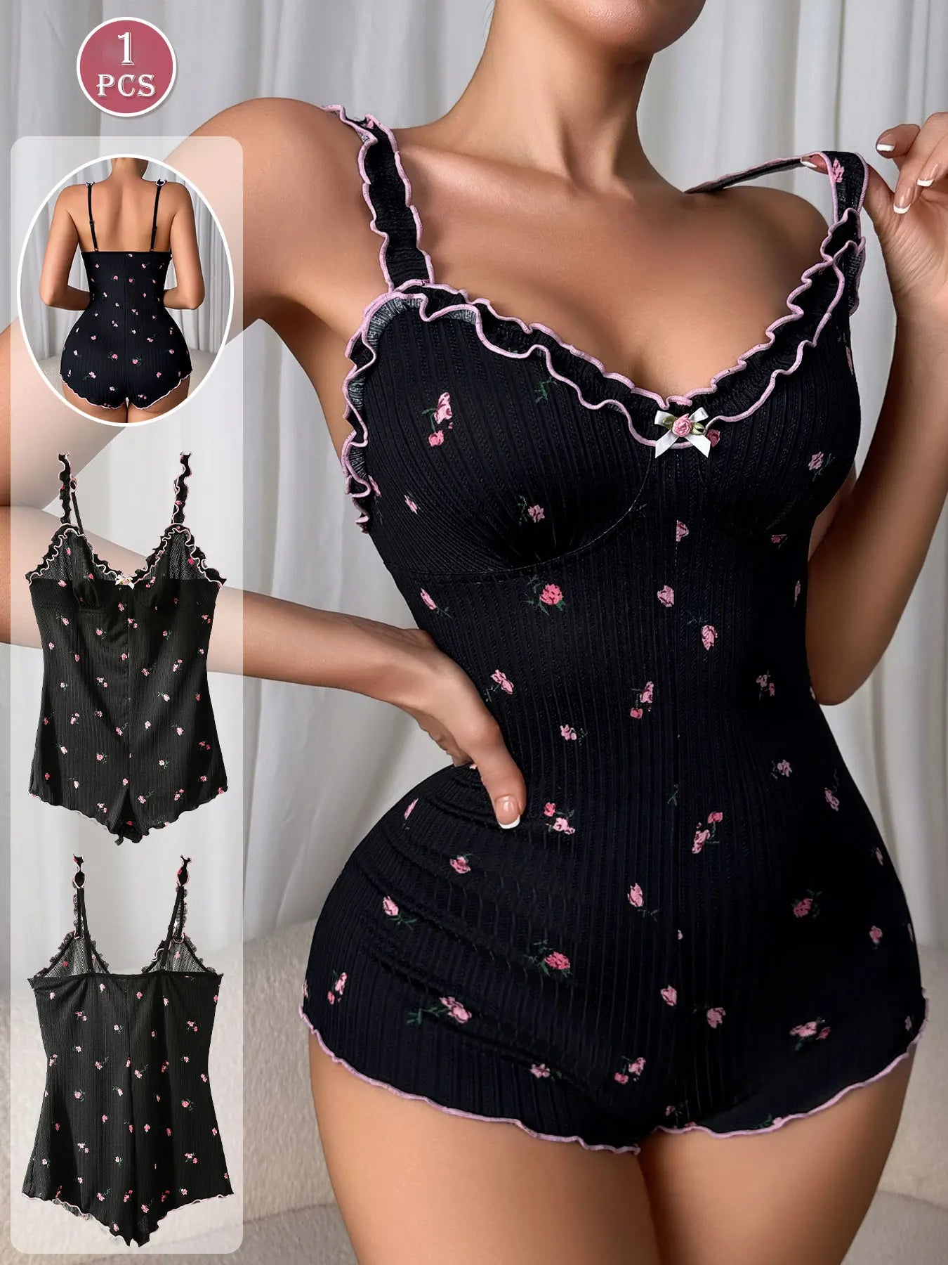 Cute Black Embroidered Rose One-piece Sleeveless Pajama Jumpsuit