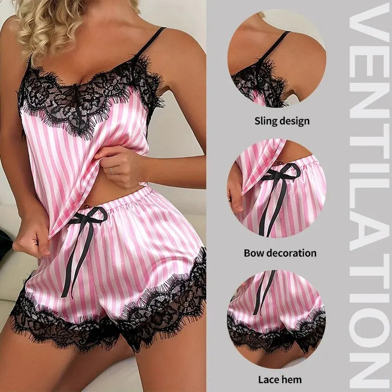 Pink Stripe Two Piece V-Neck Sexy Lace Pajama Shorts Set