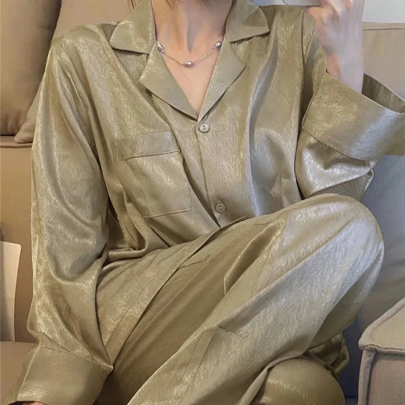 Women's Cardigan Two-pieces Set Silk Soft Sleepwear