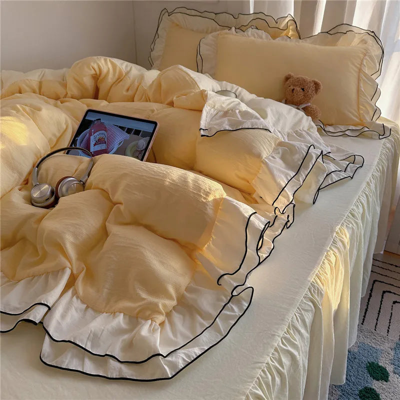 Princess Style Ruffles Bedding Set Skin-friendly Soft Duvet Cover Set Bed Sheet Or Bed Skirt Pillowcases 3/4Pcs