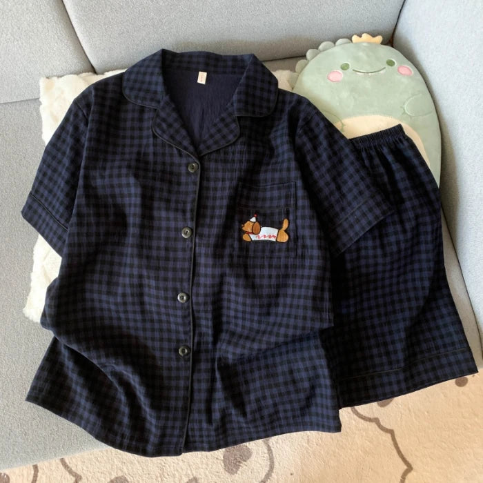 Embroidery Lapel Neck Elastic Waist Short Design Pajamas Set