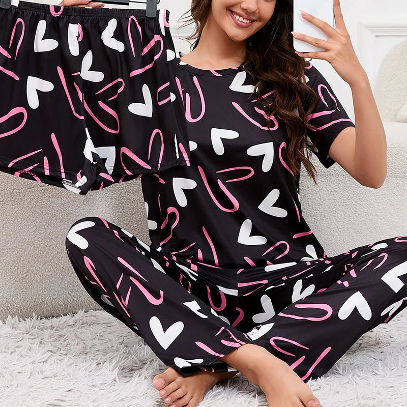 Soft Cozy Short Sleeve Tops & Shorts and Pants Sleepwear 3 Piece