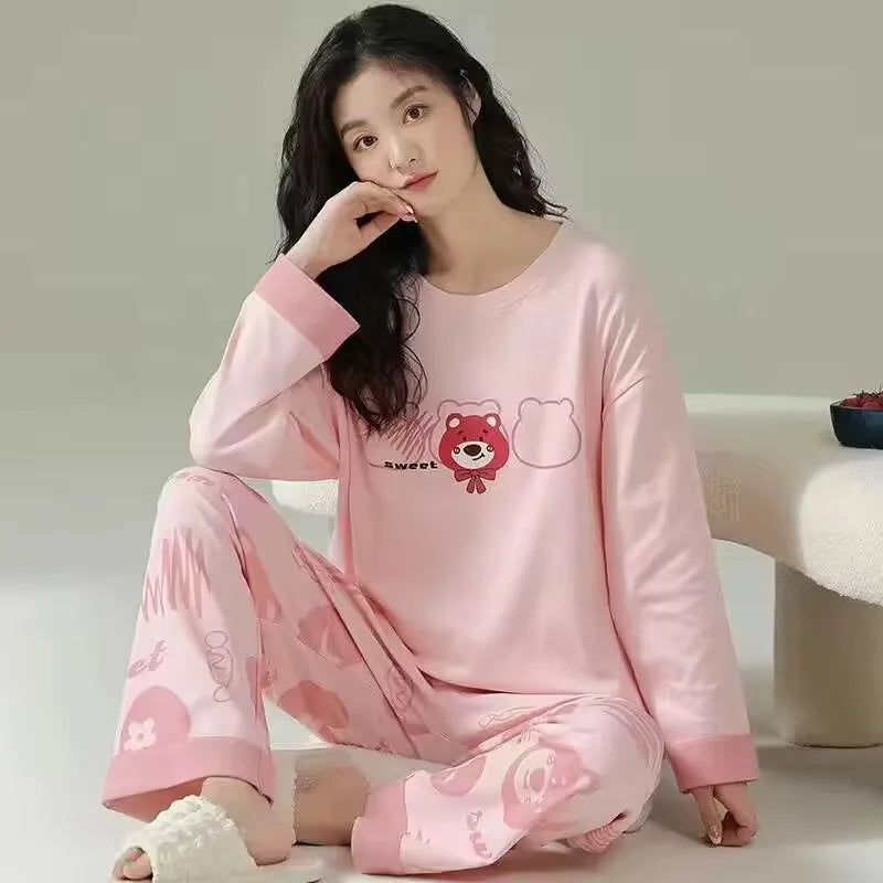 Cotton High Quality Large Size Ladies Pullover Long-Sleeved Cartoon Home wear 2PCS/Set
