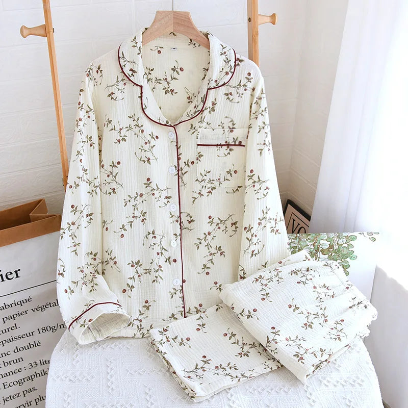 Ladies 100% Cotton Crepe Long sleeved Pants Two-piece Cute and Sweet Set