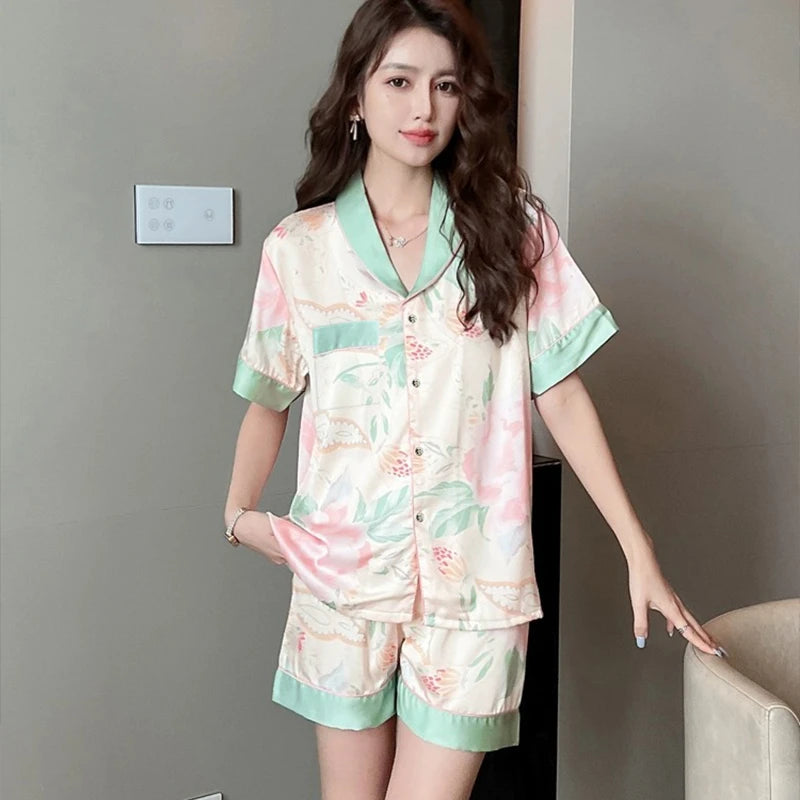 Sweet Peony Floral Prints Silk Female Casual Sleepwear