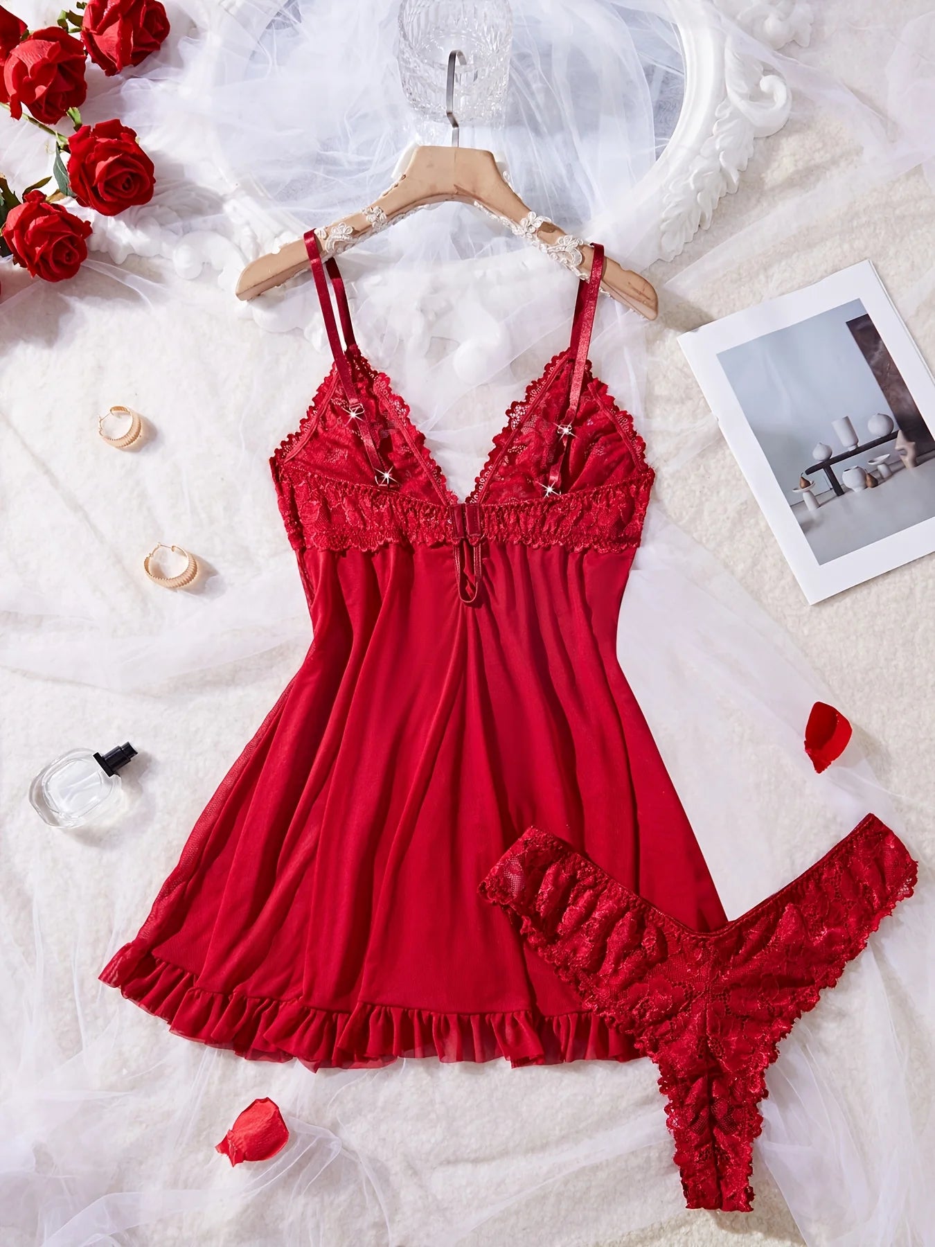 Sexy Lace Lingerie with Matching Panties V-Neck Sheer Lace Camisole Nightie